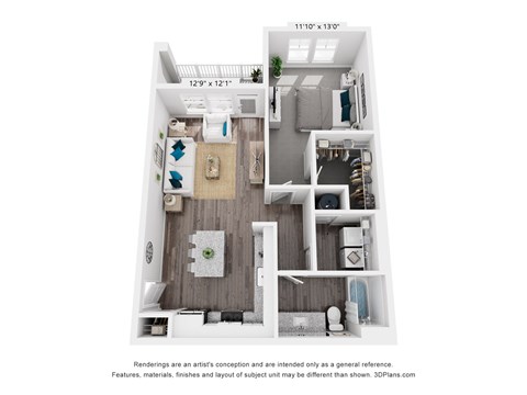 Floor plan for 1 bed, 1 bath, 741 sqft